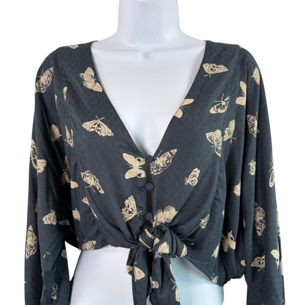 Urban Outfitters Butterfly Print Tie Front Crop Top Sz S Boho Fairy Grunge Y2K - Picture 3 of 10